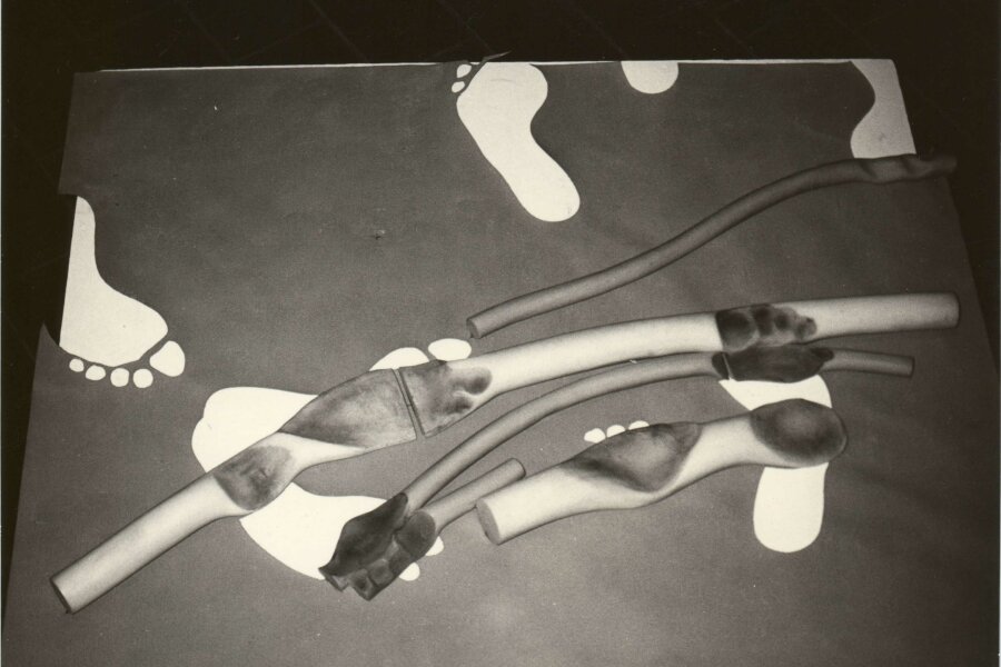 Václav Dosbaba, Šlápoty, modurit, plátno; foto: Luděk Mahel, z vernisáže 3. 8. 1995